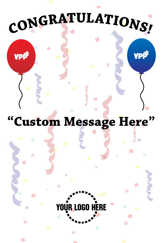 celebratory design with balloons and confetti, customizable text and logo area